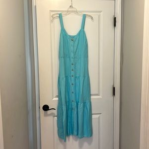 Linen Blend Strappy Button Tiered Midi Dress. Size 6. Aqua Glow.